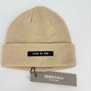 New Fear‎ of God Essentials Beige Beanie Hat Sixth Collection Logo Patch Unisex
